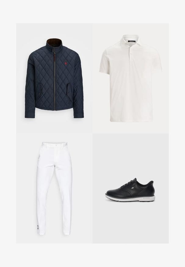 Marineblå quiltet jakke med høy krage, glidelås, to lommer med knapp og et lite rødt emblem på brystet. Myk tekstur.; Hvit kortermet poloskjorte for menn med krage, to knapper og en subtil logolapp på innsiden av kragen.; Hvite bomullsblandings skreddersydde bukser, slim fit, flat front, beltehemper, glidelås, med logo dekorasjon nær kanten, glatt tekstur.; Sorte lær lissene Skechers-sneakers med hvit såle, side-logo og teksturert grep på sålen mot en enkel lys bakgrunn.
