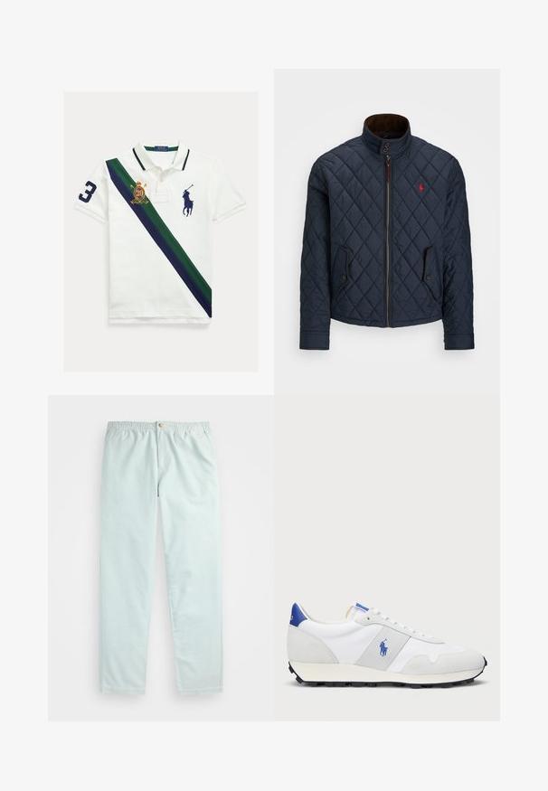 Námořnický prošívaný kabát s vysokým límcem, zipovým zapínáním, dvěma kapsami na knoflíky a malou červenou emblém na hrudi. Měkká textura.; Bílý polokošile s zeleným a námořnickým diagonálním pruhem. Obsahuje velké vyšívané číslo "3", erb a logo jezdce v námořnické barvě.; Světle modré, volně střižené kalhoty s elastickým pasem, se bočními kapsami a jediným zapínáním na knoflík vpředu.; Bílé atletické tenisky se šedými semišovými akcenty, vrchní část z yesu, modrý pata a černá gumová podrážka. Disponují šněrováním a logem.