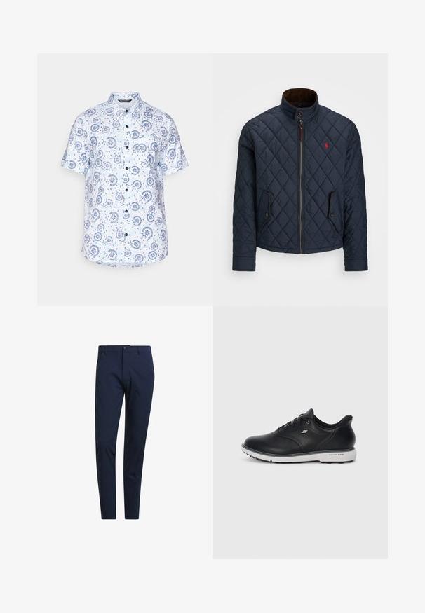 Tamnoplavi šiveni kaput s visokim ovratnikom, zatvaranjem na zatvarač, dva džepa na dugme i malim crvenim grbom na prsima. Mekana tekstura.; Košulja kratkih rukava od svijetloplavog materijala s cvjetnim i kružnim uzorkom, kopčanje na gumbi sprijeda i oštri ovratnik.; Mornarsko plavi chinos hlače slim kroja, napravljene od laganog materijala, s petljama za remen, prednjim dugmadom za zatvaranje i bočnim džepovima.; Crne kožne Skechers tenisice s vezicama, bijela pjena, bočni logo i teksturirana zaštita na potplatu, na jednostavnoj svijetloj pozadini.
