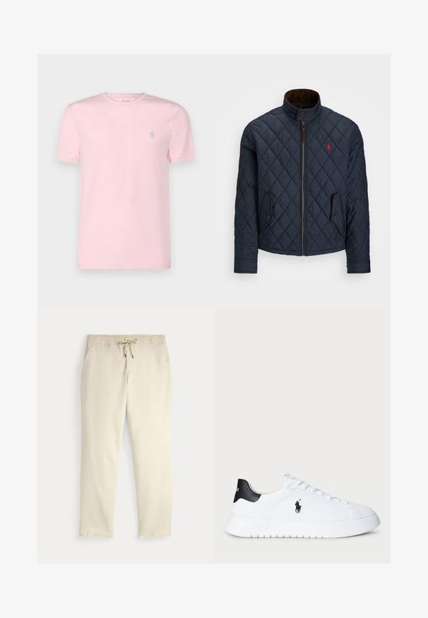 Mornarska podložena jakna z visokim ovratnikom, zadrgo, dvema žepoma na gumb in majhnim rdečim emblemom na prsih. Mehka tekstura.; Polo Ralph Lauren CUSTOM SLIM FIT JERSEY CREWNECK T-SHIRT - Navadna majica - hint of pink; Off-white prazne hlače s elastičnim pasom in vrvico, ravne noge in stranske žepke na enobarvni podlagi.; Bela nizka športna obutev s črnim petnim delom in črnim logotipom Polo Ralph Lauren na strani, z belimi vezalkami in debelim gumijastim podplatom.