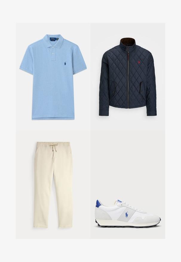 Marineblå quiltet jakke med høy krage, glidelås, to lommer med knapp og et lite rødt emblem på brystet. Myk tekstur.; Lyseblå polo skjorte laget av bomull. Har en placket med tre knapper og en brodert mørkeblå logo på venstre bryst. Korte ermer.; Off-white kosebukser med elastisk midje og snor, rette ben og sidelommer mot en ensfarget bakgrunn.; Hvit trening sneaker med grå semsket skinn-accents, mesh-overdel, blå hælflik og svart gummi såle. Har snøring og logo.