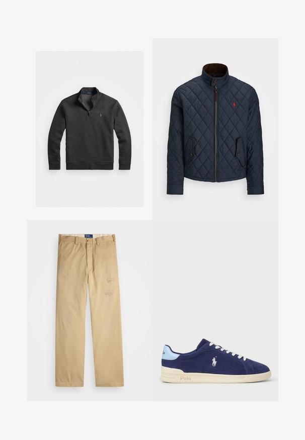 Marinblå kviltad jacka med hög krage, dragkedja, två knappfickor och ett litet rött emblem på bröstet. Mjuk textur.; Polo Ralph Lauren DOUBLE-KNIT QUARTER-ZIP PULLOVER - Långärmad tröja - windsor heather; Beige bomullbyxor med rak passform. Har slitna lappar och broderade detaljer fram. Klassisk knapp- och dragkedjestängning.; Marinblå mockaskor med vita snören och en krämfärgad gummisula. Har en ljusblå detalj och en liten broderad logotyp på sidan.