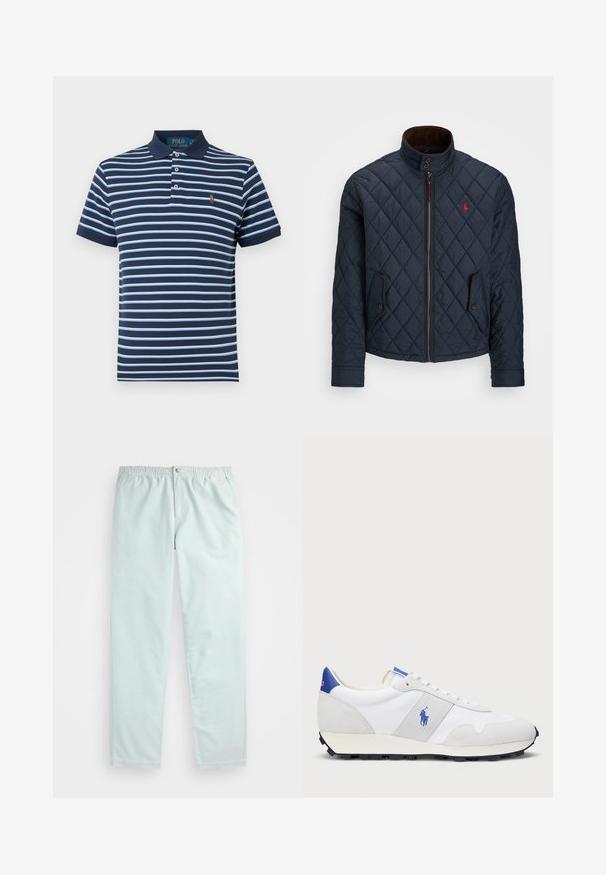 Námořnický prošívaný kabát s vysokým límcem, zipovým zapínáním, dvěma kapsami na knoflíky a malou červenou emblém na hrudi. Měkká textura.; Námořnická modrá polo tričko se světle modrými vodorovnými pruhy. Má límec, tři knoflíky a malé vyšívané logo na hrudi.; Světle modré, volně střižené kalhoty s elastickým pasem, se bočními kapsami a jediným zapínáním na knoflík vpředu.; Bílé atletické tenisky se šedými semišovými akcenty, vrchní část z yesu, modrý pata a černá gumová podrážka. Disponují šněrováním a logem.