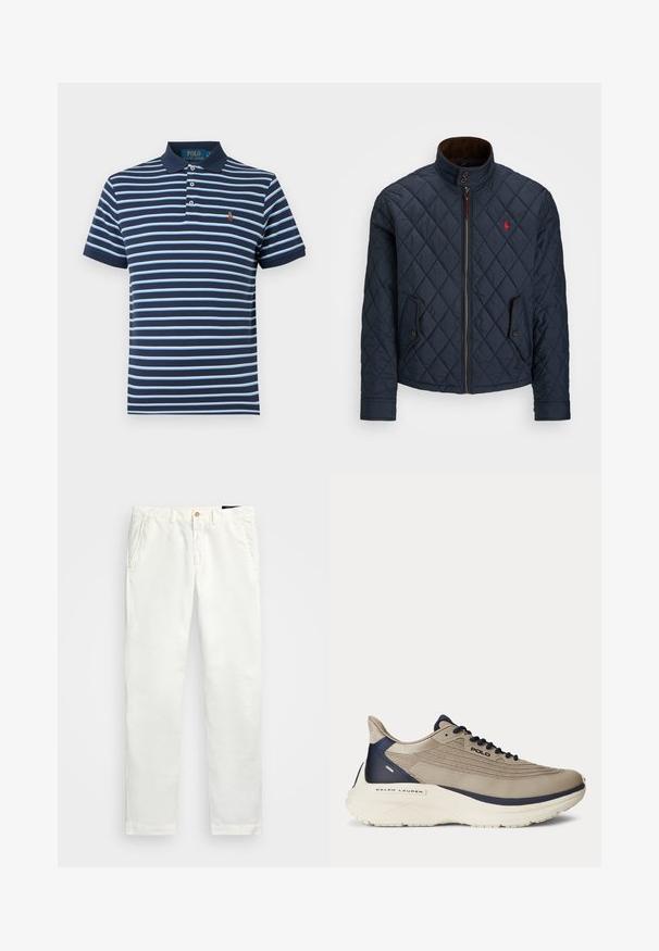 Marineblå quiltet jakke med høy krage, glidelås, to lommer med knapp og et lite rødt emblem på brystet. Myk tekstur.; Marineblå polo skjorte med lyseblå horisontale striper. Har krage, tre knapper, og en liten brodert logo på brystet.; Hvite bomullschinos med rette ben, med sidelommer, en enkelt knapp lukking og en jevn tekstur.; Beige sportsko med teksturert mesh-overdel, marineblå aksenter, tykk hvit såle og intrikate designdetaljer. Har snører og merkevarelogo.