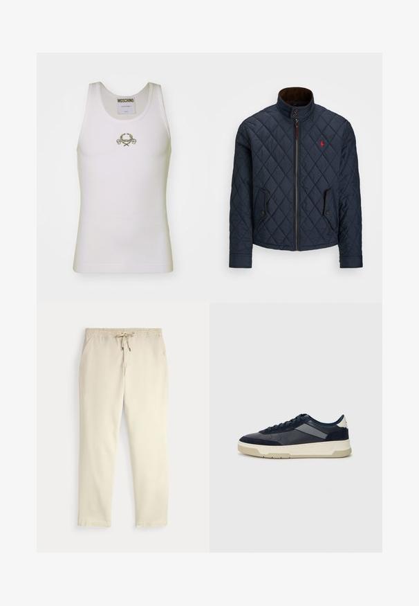 Mornarska podložena jakna z visokim ovratnikom, zadrgo, dvema žepoma na gumb in majhnim rdečim emblemom na prsih. Mehka tekstura.; Bela rebrasta majica bez rukavov z zlatim vezenim logotipom in dekorativnimi poudarki, okroglim izrezom in brezrokavno zasnovo.; Off-white prazne hlače s elastičnim pasom in vrvico, ravne noge in stranske žepke na enobarvni podlagi.; BOSS BALTIMORE - Športni copati - open blue