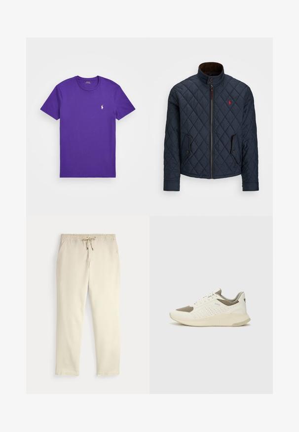 Jūras spēku zilu šūtu sveci ar augsto apkakli, rāvējslēdzēja aizdari, divām pogām aizveramām kabatām un mazu sarkanu emblēmu uz krūšu daļas. Mīksta tekstūra.; Polo Ralph Lauren CUSTOM SLIM FIT JERSEY CREWNECK T-SHIRT - Pamata T-krekls - purple cactus; Off-white ikdienas bikses ar elastīgu jostu un auklu, taisnām kājām un sānu kabatām uz vienkārša fona.; Baltas un gaiši bež sporta apavi, ar sieta augšdaļu, perforētiem detaļām un teksturētu vidusdaļu ar zīmolu uz papēža.