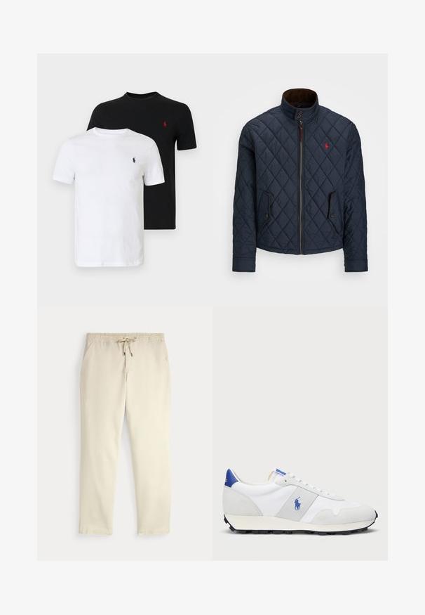 Laivaston sininen tikattu takki, jossa on korkea kaulus, vetoketjukiinnitys, kaksi nappitaskua ja pieni punainen emblem rinnassa. Pehmeä pinta.; Kaksi T-paitaa, musta ja valkoinen. Klassinen pyöreä pääntie, lyhyet hihat, puuvillaa. Edessä pienellä kirjotulla logolla.; Valkoiset rento housut, joissa on joustava vyötärö ja nyörikiristys, suorat lahkeet ja sivutaskut yksinkertaista taustaa vasten.; Valkoiset urheilukengät, joissa on harmaat mokkaakset, verkko-yläosa, sininen kantapään värinappi ja musta kumipohja. Varustettu nauhakiristimellä ja logolla.