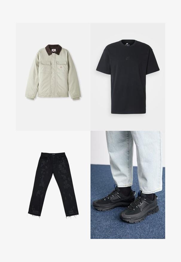 Gaiši zaļš žakets ar brūnu korduroja apkakli, divām priekšējām kabatām un redzamām šuvēm. Mīksta tekstūra ar taisnu griezumu.; Nike melns kokvilnas T-krekls ar klasisku piegriezumu, īsām piedurknēm un smalku, reljefu logotipu uz krūškurvja. Gluda tekstūra.; Melnās džinsus ar nodilušām vietām, brīva piegriezuma, saplēstu apakšmalu un standarta piecu kabatu dizainu. Audums izskatās izturīgs un ar tekstūru.; Melni sporta apavi ar strukturētu audumu un gumijas zoli, ar elastīgām auklām un zilu akcentu uz papēža. Nēsāti ar gaišām džinsu biksēm.