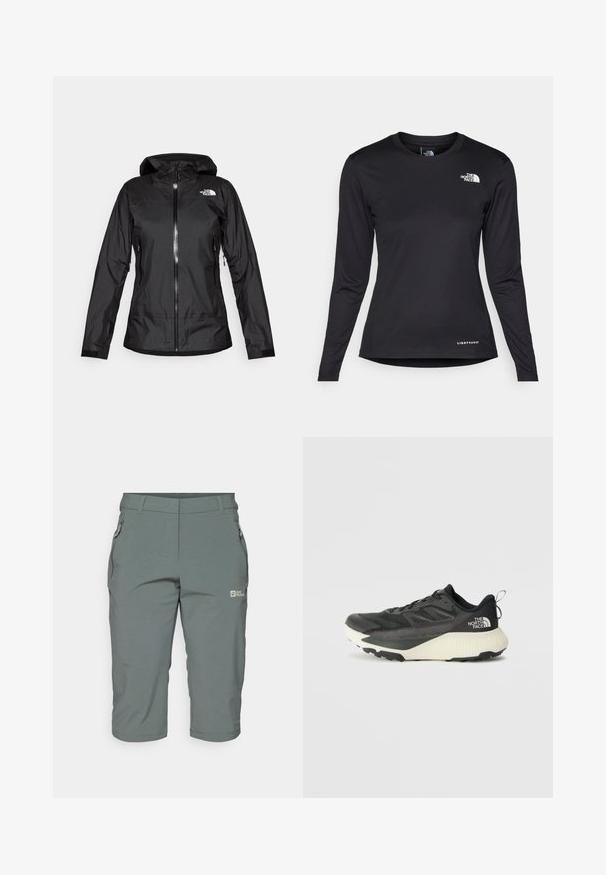 Melna ūdensnecaurlaidīga jaka ar kapuci, ar priekšējo rāvējslēdzēju un divām sānu kabatām. "The North Face" logo ir redzams augšējā labajā pusē.; The North Face SHADOW LONG SLEEVE - Tops ar garām piedurknēm - black; Pelēki āra šorti ar rāvējslēdzēja kabatu, taisnu piegriezumu un vieglu, elpojošu audumu ar gludu tekstūru.; Melna sporta kurpe ar teksturētu augšdaļu, kurai ir pelēki akcenti un balts vidusdaļa. Ietver vilkšanas cilpu un izteiktu zīmola logo uz papēža.