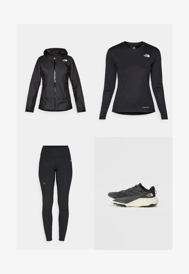 Črna vodoodporna jakna s kapuco, ki ima sprednji zadrgo in dva stranska žepa. Logotip The North Face je vidno na zgornji desni strani.; The North Face SHADOW LONG SLEEVE - Majica z dolgimi rokavi - black; Črne športne legice z visokim pasom, stranskimi žepi, teksturiranimi kolenskimi obliži in majhnim blagovnim znakom v zgornjem predelu stegna.; Črne atletske čevlje z teksturiranim zgornjim delom, ki imajo sivo obrobo in belo srednjo podplat. Vključujejo zanko za vprego in izstopajočo blagovno znamko na peti.