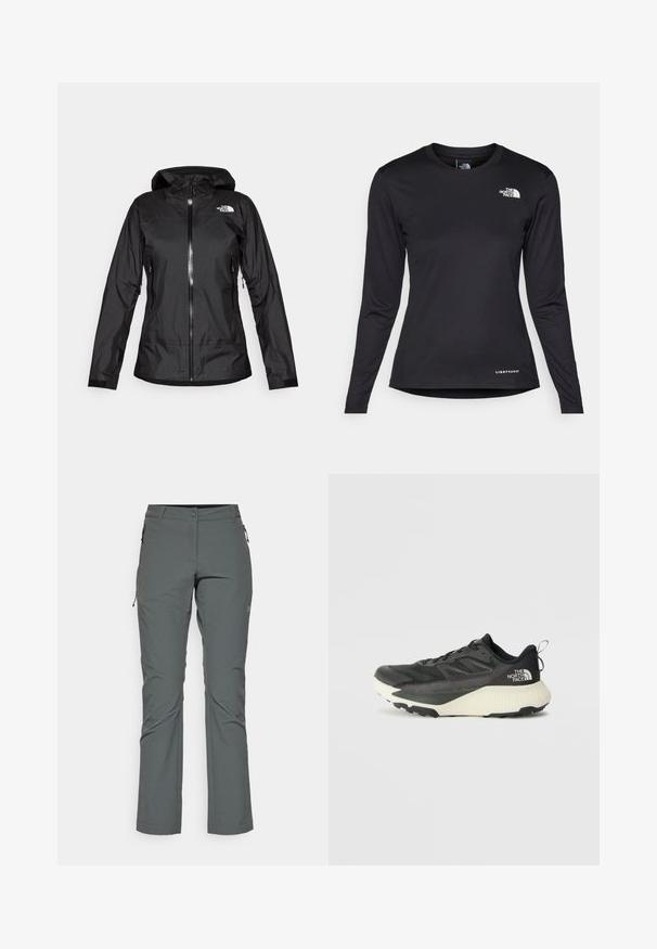 Crna vodootporna jakna s kapuljačom, s prednjim zatvaračem i dva bočna đepa. Logo The North Face vidljiv je na gornjoj desnoj strani.; The North Face SHADOW LONG SLEEVE - Top dugih rukava - black; Sive vanjske hlače izrađene od lagane, teksturirane tkanine; imaju džepove sa zatvaračem i uski dizajn s ravnim krojem nogavica.; Crna atletska cipela s teksturiranim gornjim dijelom, sivim detaljima i bijelim međuslojem. Ima držač i istaknutu marku na peti.
