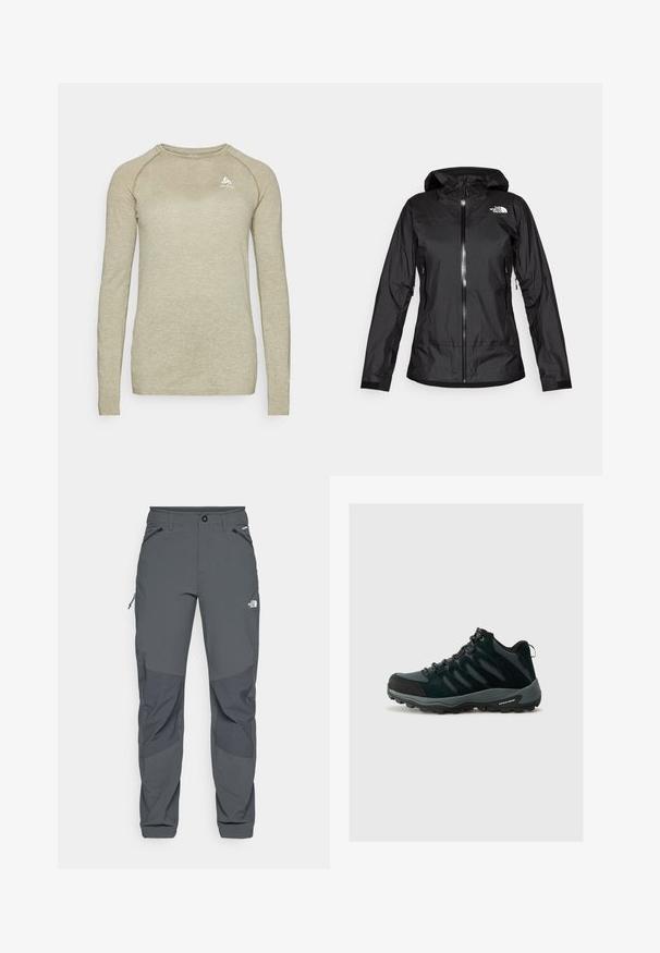 Μαύρο αδιάβροχο μπουφάν με κουκούλα, που διαθέτει μπροστινό φερμουάρ και δύο πλευρικές τσέπες. Το λογότυπο της North Face είναι ορατό στην άνω δεξιά πλευρά.; Μακρυμάνικο μπλουζάκι σε ανοιχτό μπεζ χρώμα, με υφή σε σχήμα κηρήθρας, στρογγυλή λαιμόκοψη και διακριτό λογότυπο στο στήθος. Φτιαγμένο από αναπνεύσιμο υλικό.; Σκούρο γκρι παντελόνι εξωτερικής χρήσης με ενισχυμένα μπαλώματα στα γόνατα, φερμουάρ στις πλαϊνές και μπροστινές τσέπες, κλείσιμο με κουμπί και με το λογότυπο της The North Face στο μηρό.; Columbia REDMOND - Παπούτσια πεζοπορίας - black/citron haze