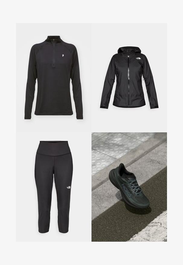 Schwarze wasserdichte Jacke mit einer Kapuze, ausgestattet mit einem Frontreißverschluss und zwei Seitentaschen. Das Logo von The North Face ist oben rechts sichtbar.; Schwarzes Langarm-Top mit Viertel-Reißverschluss, glatter Textur und figurbetontem Design. Verfügt über Raglanärmel und ein kleines weißes Logo auf der Brust.; Schwarze Capri-Leggings aus dehnbarem Stoff mit einem hohen Bund und einem kleinen weißen Logo auf der linken Seite. Glatte Textur.; Schwarzer Laufschuh mit Mesh-Obermaterial, strukturierten Akzenten und Logo, mit einer gepolsterten Sohle und grauen Schnürsenkeln, auf Asphalt platziert.