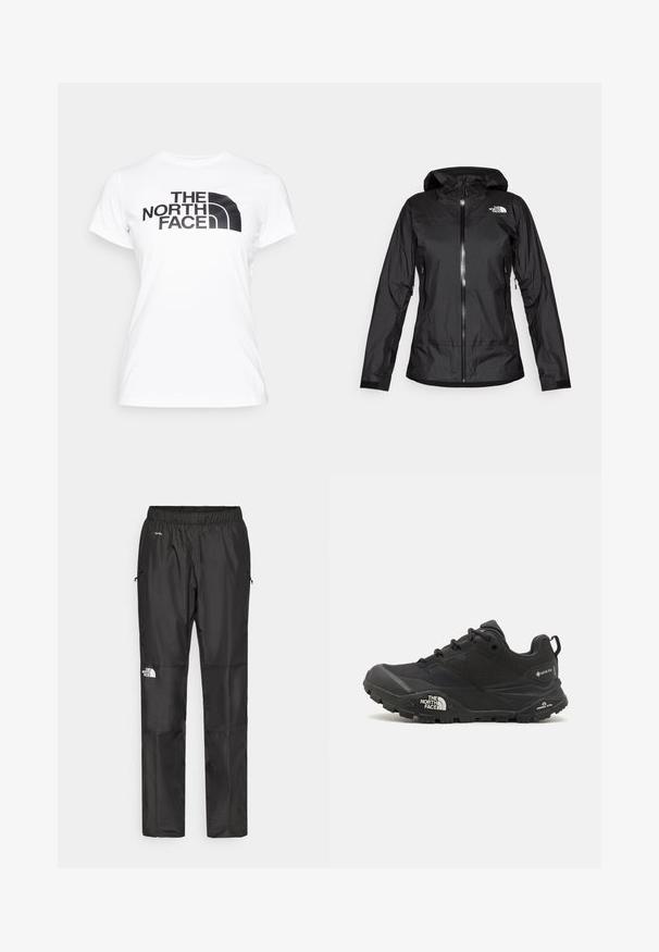 Black waterproof jacket with a hood, featuring a front zipper and two side pockets. The North Face logo is visible on the upper right side.; White cotton t-shirt featuring a black graphic print of "THE NORTH FACE" logo on the front. Short sleeves and crew neckline.; Black waterproof pants made from lightweight fabric, featuring an elastic waistband, side pockets, and a logo on the left leg.; Black hiking shoe with a textured upper, lace closure, and a chunky rubber sole featuring a prominent logo on the side and tread patterns.