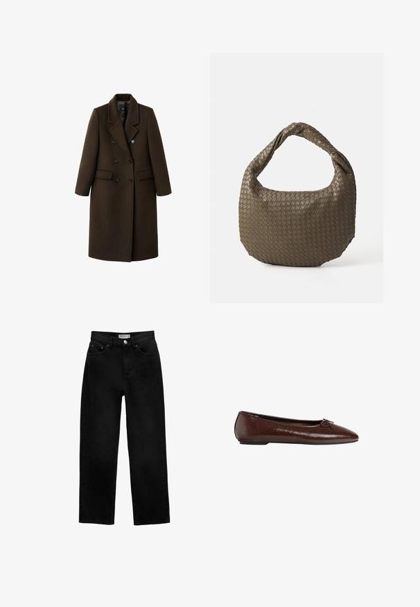 Cappotto in misto lana marrone con design doppiopetto, revers a punta, due tasche frontali e dettagli con bottoni. Maniche lunghe e lunghezza intermedia.; Maglione color crema realizzato in tessuto morbido, con scollo rotondo, maniche lunghe e orlo corto. Design semplice e minimalista.; Jeans in denim nero con taglio dritto, design a cinque tasche, bottone in metallo e passanti per cintura. Il tessuto ha una finitura opaca e non presenta motivi visibili.; Ballerine in pelle marrone con una superficie liscia, punta affusolata e un dettaglio a fiocco sulla parte anteriore, dotate di una suola bassa in gomma nera.; Borsa in oliva intrecciata con forma arrotondata e manico attorcigliato. La superficie testurizzata presenta un motivo diagonale. Chiusura con cerniera.