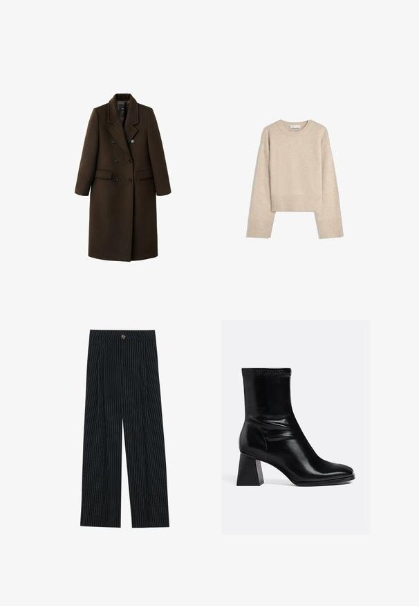 Brauner Wollmischungs-Mantel mit doppelreihigem Design, Reverskragen, zwei Fronttaschen und Knopfdetails. Lange Ärmel und mittellange Schnitt.; Beige Cropped-Pullover aus weichem Strickmaterial. Er hat einen runden Ausschnitt, lange Ärmel sowie gerippte Bündchen und Saum für zusätzliche Textur.; Schwarz gestreifte weit geschnittene Hosen aus strukturiertem Stoff, mit einem frontalen Knopfverschluss und gefaltetem Design für zusätzlichen Ausdruck.; Schwarze Leder-Stiefeletten mit glatter Oberfläche, quadratischer Spitze und strukturiertem Blockabsatz. Mit elastischem Knöchel-design und sichtbaren Nähten.