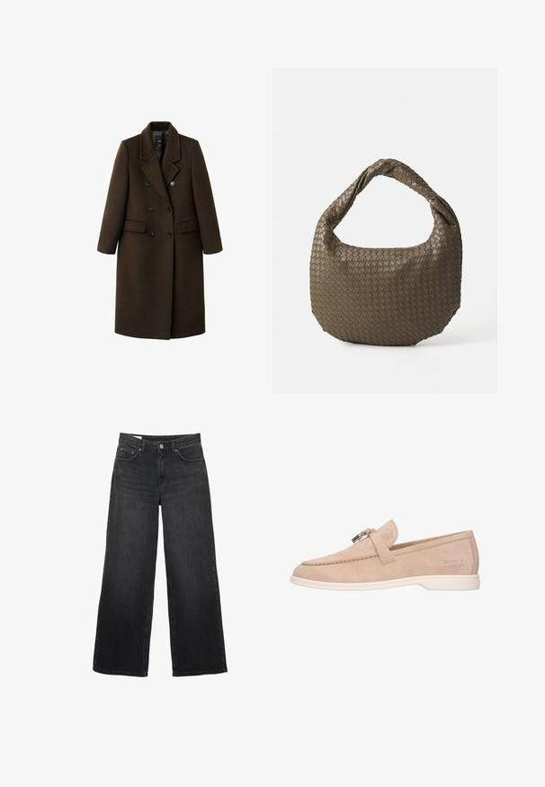 Hnědý vlněný kabát smíchaný s dalšími materiály, s dvojitým zapínáním, klopami s výstřihem, dvěma předními kapsami a knoflíkovými detaily. Dlouhé rukávy a střední délka.; Světle béžový svetr s kulatým výstřihem vyrobený z jemné pleteniny. Obsahuje dlouhé rukávy a žebrované manžety, s uvolněným střihem a minimalistickým designem.; Černé široké džíny vyrobené z denimu. Mají klasický pětikapsový design, rovný střih a přední zapínání na knoflík.; Béžový semišový loafer s nízkým profilem, kontrastní bílou podrážkou, dekorativním páskem a kovovým detailem. Na boku je reliéfní logo.; Tkaná olivově zelená kabelka zaobleného tvaru s propleteným držadlem. Texturovaný povrch má diagonální vzor. Zapínání na zip.