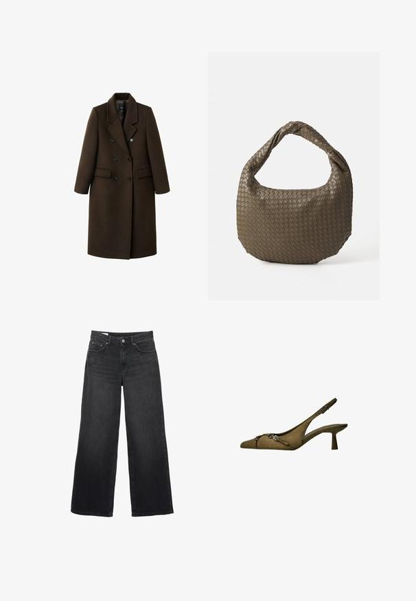 Brązowy płaszcz z mieszanki wełny o podwójnym zapięciu, z klapami w kształcie notcha, dwoma przednimi kieszeniami i guzikami jako ozdobami. Długie rękawy i średniej długości krój.; Jasnobeżowy sweter z okrągłym dekoltem wykonany z miękkiej dzianiny. Posiada długie rękawy i ściągacze, ma luźny krój i minimalny design.; Czarne dżinsowe spodnie o szerokich nogawkach. Posiadają klasyczny pięciopocketowy fason, prosty krój i zapięcie na guzik z przodu.; Zielona zamszowa sandal z odkrytymi piętami, z noskiem w kształcie szpica, regulowanym paskiem oraz srebrną klamrą; niski, rozkloszowany obcas dla stabilności.; Woven oliwkowa torebka o zaokrąglonym kształcie i skręconym uchwycie. Teksturowana powierzchnia zdobiona jest diagonalnym wzorem. Zamek błyskawiczny.