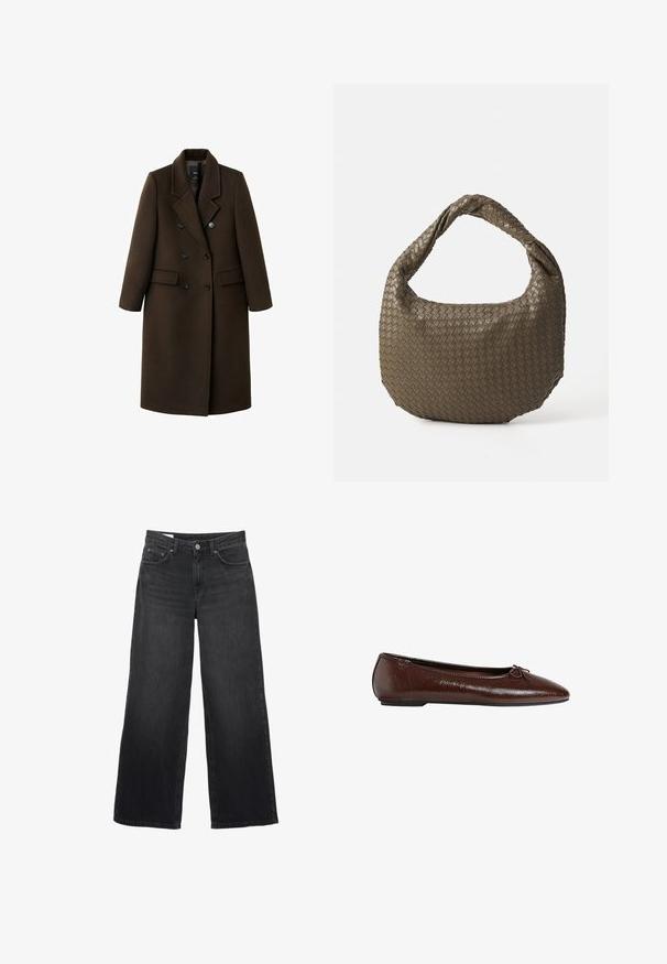 Brązowy płaszcz z mieszanki wełny o podwójnym zapięciu, z klapami w kształcie notcha, dwoma przednimi kieszeniami i guzikami jako ozdobami. Długie rękawy i średniej długości krój.; Jasnobeżowy sweter z okrągłym dekoltem wykonany z miękkiej dzianiny. Posiada długie rękawy i ściągacze, ma luźny krój i minimalny design.; Czarne dżinsowe spodnie o szerokich nogawkach. Posiadają klasyczny pięciopocketowy fason, prosty krój i zapięcie na guzik z przodu.; Brązowe skórzane baleriny o gładkiej fakturze, z ostro zakończonym noskiem i zdobieniem w postaci kokardy z przodu, z niską czarną gumową podeszwą.; Woven oliwkowa torebka o zaokrąglonym kształcie i skręconym uchwycie. Teksturowana powierzchnia zdobiona jest diagonalnym wzorem. Zamek błyskawiczny.