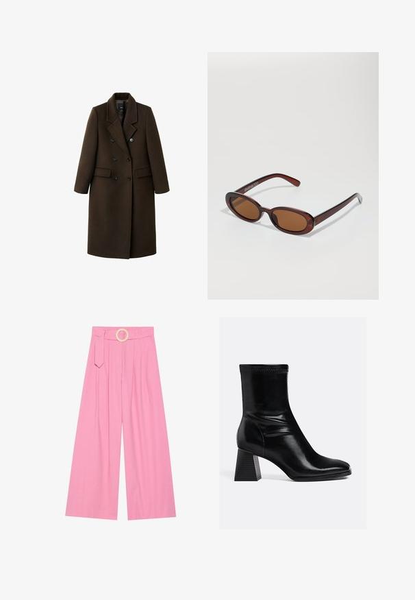 Brązowy płaszcz z mieszanki wełny o podwójnym zapięciu, z klapami w kształcie notcha, dwoma przednimi kieszeniami i guzikami jako ozdobami. Długie rękawy i średniej długości krój.; Jasnobeżowy sweter z okrągłym dekoltem wykonany z miękkiej dzianiny. Posiada długie rękawy i ściągacze, ma luźny krój i minimalny design.; Różowe spodnie o szerokich nogawkach z wysokim stanem, z paskiem z okrągłą drewnianą klamrą oraz plisami dla nadania tekstury.; Czarne skórzane botki za kostkę o gładkim wykończeniu, kwadratowym nosku i fakturowanym obcasie w kształcie bloku. Charakteryzują się elastycznym projektem kostki oraz widocznym przeszyciem.; Okrągłe, brązowe okulary przeciwsłoneczne z błyszczącą bordową oprawą. Cienkie ramiona z subtelnym detalem marki. Płaski kształt soczewek.; Czarna skórzana torebka o usztywnionym kształcie, z uchwytami u góry, gładką teksturą, złotymi elementami oraz przednim zapięciem. Na podstawie znajduje się logo marki.
