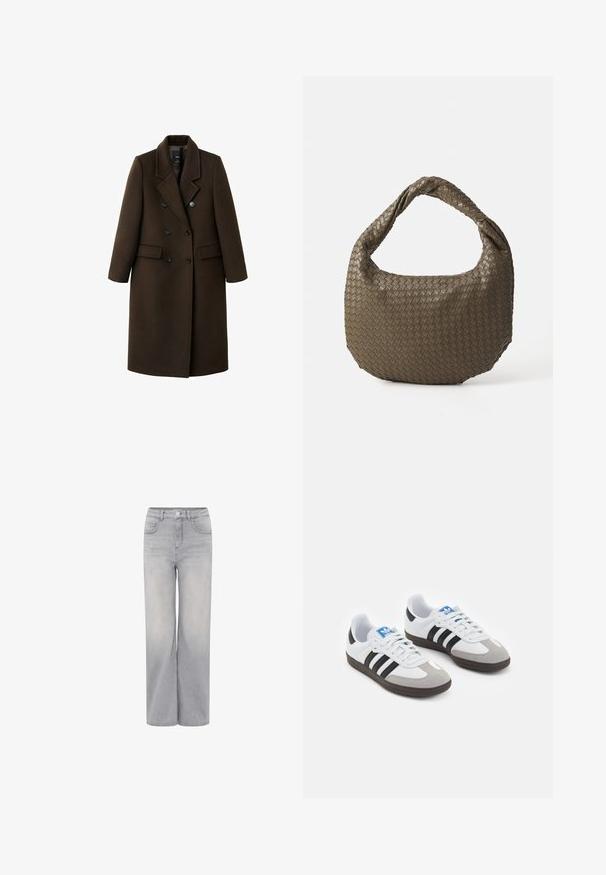 Bruine wolmix jas met een dubbelzijdig ontwerp, notch revers, twee voorzakken en knoopaccenten. Lange mouwen en een middellange snit.; Lichtbeige ronde hals trui gemaakt van zacht breiwerk. Heeft lange mouwen en geribbelde manchetten, met een relaxte pasvorm en minimalistisch ontwerp.; Lichtgrijze wijde jeans van denim, met een hoge taille, twee voorste zakken en een knoopsluiting. Gladde textuur met een vervaagde afwerking.; Sportschoenen met een witte leren bovenkant, grijze suède neus en drie zwarte strepen. Bevat een blauw logo op de tong en een gestructureerde rubberen zool.; Geweven olijfgroene handtas met een ronde vorm en een gedraaide handgreep. De textuur heeft een diagonaal patroon. Ritssluiting.