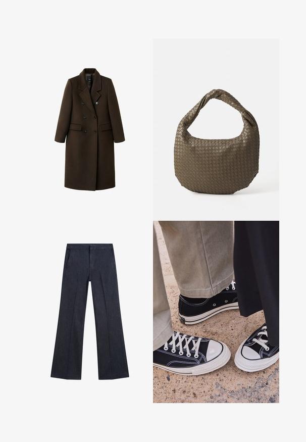 Brauner Wollmischungs-Mantel mit doppelreihigem Design, Reverskragen, zwei Fronttaschen und Knopfdetails. Lange Ärmel und mittellange Schnitt.; Helle beigefarbene Rundhalsausschnitt-Strickjacke aus weichem Strickstoff. Mit langen Ärmeln und gerippten Bündchen, in lockerer Passform und minimalistischem Design.; Dunkelblaue Denim-Hosen mit weitem Bein, seitlichen Taschen, glatter Textur und flachem Bund. Besondere Merkmale sind die stylischen Falten an den Beinen.; Schwarze Segeltuch-Sneaker mit weißen Gummi-Zehenkappen und Schnürsenkeln. Kontrastnähte und Metallösen geben dem Schuh Detail. Getragen mit beigen Hosen und einem schwarzen Stoff.; Geflochtene olivgrüne Handtasche mit runder Form und gedrehter Tragegriff. Strukturiert Oberfläche mit diagonaler Musterung. Reißverschlussverschluss.