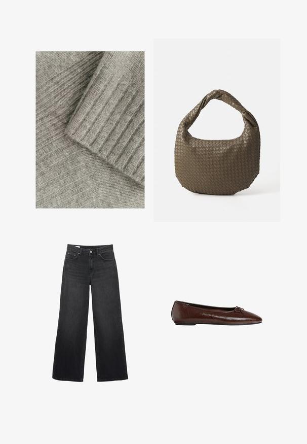 Brauner Wollmischungs-Mantel mit doppelreihigem Design, Reverskragen, zwei Fronttaschen und Knopfdetails. Lange Ärmel und mittellange Schnitt.; Weiches graues Strickgewebe mit gerippter Textur, das aus geschichteten Abschnitten besteht, einem glatten und einem mit diagonalen Mustern.; Schwarze weit geschnittene Jeans aus Denim. Sie verfügen über ein klassisches Fünf-Taschen-Design, eine gerade Silhouette und einen Knopfverschluss vorne.; Braune Leder-Ballettschuhe mit glatter Textur, spitzer Zehenpartie und einer Schleifenakzentierung auf der Vorderseite, ausgestattet mit einer niedrigen schwarzen Gummisohle.; Geflochtene olivgrüne Handtasche mit runder Form und gedrehter Tragegriff. Strukturiert Oberfläche mit diagonaler Musterung. Reißverschlussverschluss.