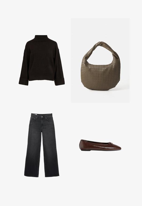 Brązowy płaszcz z mieszanki wełny o podwójnym zapięciu, z klapami w kształcie notcha, dwoma przednimi kieszeniami i guzikami jako ozdobami. Długie rękawy i średniej długości krój.; Czarny sweter z golfem w luźnym kroju, z prążkowanymi mankietami i dołem, wykonany z miękkiej dzianiny. Prosty, minimalistyczny design.; Czarne dżinsowe spodnie o szerokich nogawkach. Posiadają klasyczny pięciopocketowy fason, prosty krój i zapięcie na guzik z przodu.; Brązowe skórzane baleriny o gładkiej fakturze, z ostro zakończonym noskiem i zdobieniem w postaci kokardy z przodu, z niską czarną gumową podeszwą.; Woven oliwkowa torebka o zaokrąglonym kształcie i skręconym uchwycie. Teksturowana powierzchnia zdobiona jest diagonalnym wzorem. Zamek błyskawiczny.
