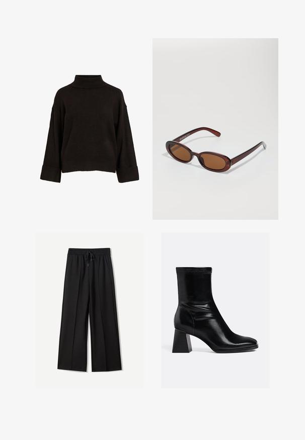 Ruskea villasekoitteinen takki, jossa on kaksirivinenäyttö, kaulukset, kaksi etutaskua ja nappikoristeet. Pitkät hihat ja puolipitkä leikkaus.; Mustaa poolopaitaa rento istuvuus, jossa on ribbineulekaulukset ja helmavarat. Valmistettu pehmeästä neulekankaasta. Yksinkertainen, siisti muotoilu.; Mustat leveät housut pehmeästä kankaasta. Ominaisuuksia ovat joustava vyötärö, jossa on nauhavyö, ja kaksi sivutaskua. Tasainen etuosa ja laskokset.; Mustat nahkaiset nilkkurit, joissa on sileä pinta, neliön muotoinen kärki ja teksturoitu palikkakorko. Ominaisuuksiin kuuluu joustava nilkkasuunnittelu ja näkyvät ompeleet.; Pyöreät, ruskehtavat aurinkolasit, joissa on kiiltävä burgundinpunainen runko. Kapeat sivut, joissa on hienovarainen brändäys. Litteät linssit.; Musta nahkainen käsilaukku, jossa on jämäkkä muoto, yläkahvat, sileä pinta, kultasävytteiset metalliosat ja etuklipsi. Pohjassa näkyy brändäys.