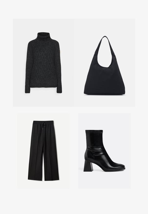 Rjav plašč iz volnenega mešanega materiala z dvojnim zapenjanjem, zareznimi ovratniki, dvema sprednjima žepoma in gumbnimi poudarki. Dolgi rokavi in srednja dolžina.; Temno siva turtleneck pulover iz grobe pletenine s strukturiranim diamantom vzorcem in rebrastimi manšetami. Ima majhno znamčico na rokavu.; Črne široke hlače iz mehkega blaga. Imajo elastičen pas z vrvico in dve stranski žepu. Spredaj so ravne z naborki.; Črne usnjene gležnjarje z gladko površino, kvadratnim prstom in teksturiranim blokastim petami. Imajo elastičen dizajn pri gležnju in vidno šivanje.; Črna tkanina torba z enim širokim naramnicom. Mehka, poltrdna oblika in gladka tekstura; minimalen dizajn, brez vidne opreme.