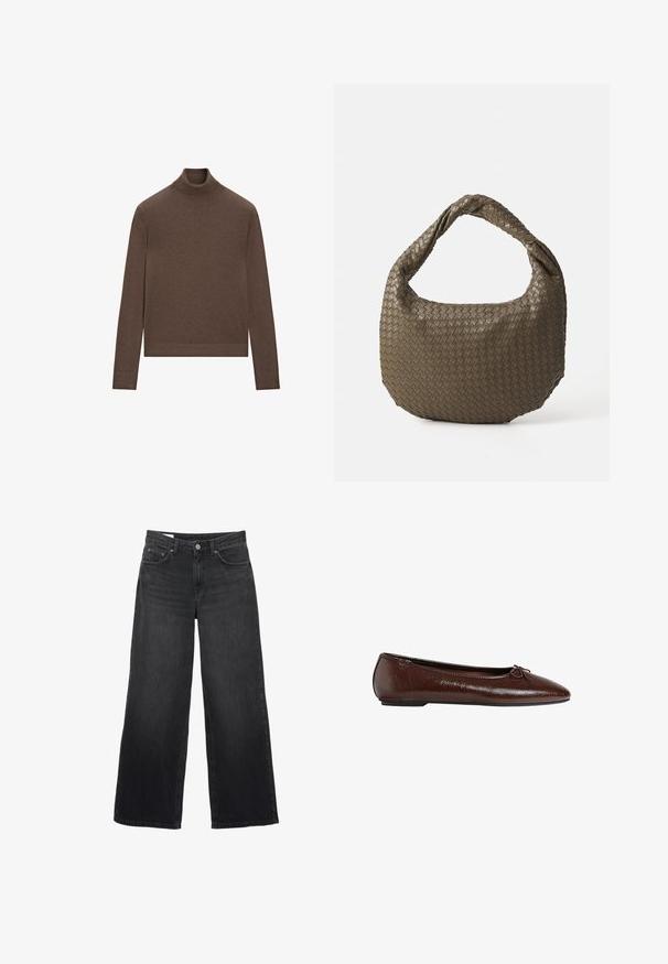 Brown wool blend coat with a double-breasted design, notch lapels, two front pockets, and button accents. Long sleeves and mid-length cut.; Brown turtleneck sweater made from soft knit fabric. Features a fitted silhouette, long sleeves, and ribbed collar and hem.; Black wide-leg jeans made of denim. Features a classic five-pocket design, a straight silhouette, and a front button closure.; Brown leather ballet flat with a smooth texture, pointed toe, and a bow accent on the front, featuring a low black rubber sole.; Woven olive green handbag with a rounded shape and a twisted handle. Textured surface features a diagonal pattern. Zipper closure.