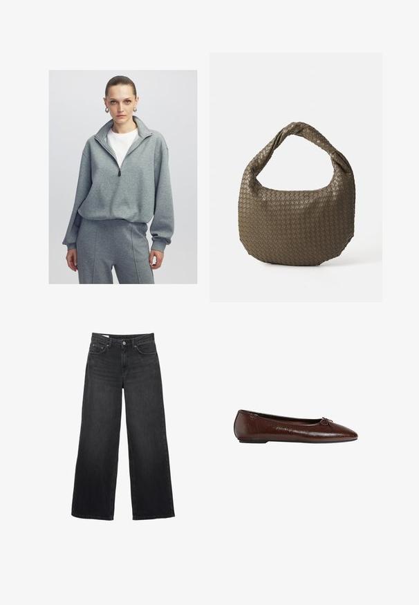 Brown wool blend coat with a double-breasted design, notch lapels, two front pockets, and button accents. Long sleeves and mid-length cut.; Grey zip-neck sweatshirt made of soft fabric, featuring a relaxed fit, dropped shoulders, and ribbed cuffs for added texture.; Black wide-leg jeans made of denim. Features a classic five-pocket design, a straight silhouette, and a front button closure.; Brown leather ballet flat with a smooth texture, pointed toe, and a bow accent on the front, featuring a low black rubber sole.; Woven olive green handbag with a rounded shape and a twisted handle. Textured surface features a diagonal pattern. Zipper closure.