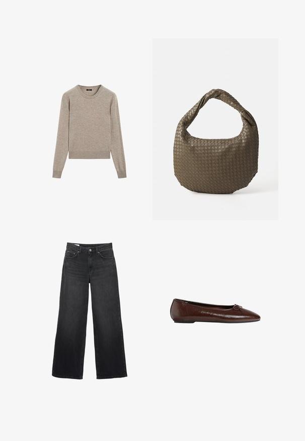 Brauner Wollmischungs-Mantel mit doppelreihigem Design, Reverskragen, zwei Fronttaschen und Knopfdetails. Lange Ärmel und mittellange Schnitt.; Helle beigefarbene Rundhalsausschnitt-Strickjacke aus weichem Strickstoff. Mit langen Ärmeln und gerippten Bündchen, in lockerer Passform und minimalistischem Design.; Schwarze weit geschnittene Jeans aus Denim. Sie verfügen über ein klassisches Fünf-Taschen-Design, eine gerade Silhouette und einen Knopfverschluss vorne.; Braune Leder-Ballettschuhe mit glatter Textur, spitzer Zehenpartie und einer Schleifenakzentierung auf der Vorderseite, ausgestattet mit einer niedrigen schwarzen Gummisohle.; Geflochtene olivgrüne Handtasche mit runder Form und gedrehter Tragegriff. Strukturiert Oberfläche mit diagonaler Musterung. Reißverschlussverschluss.