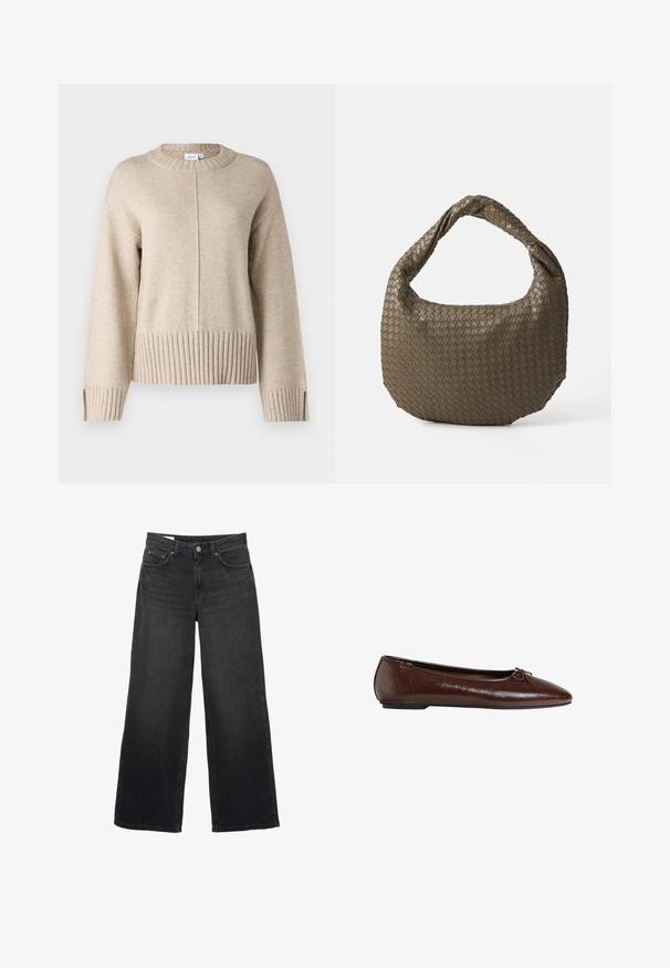 Brązowy płaszcz z mieszanki wełny o podwójnym zapięciu, z klapami w kształcie notcha, dwoma przednimi kieszeniami i guzikami jako ozdobami. Długie rękawy i średniej długości krój.; Beżowy sweter z dzianiny z okrągłym dekoltem, prążkowanym wykończeniem u dołu i przy mankietach. Posiada pionowy szew z przodu oraz boczne rozcięcia u dołu.; Czarne dżinsowe spodnie o szerokich nogawkach. Posiadają klasyczny pięciopocketowy fason, prosty krój i zapięcie na guzik z przodu.; Brązowe skórzane baleriny o gładkiej fakturze, z ostro zakończonym noskiem i zdobieniem w postaci kokardy z przodu, z niską czarną gumową podeszwą.; Woven oliwkowa torebka o zaokrąglonym kształcie i skręconym uchwycie. Teksturowana powierzchnia zdobiona jest diagonalnym wzorem. Zamek błyskawiczny.