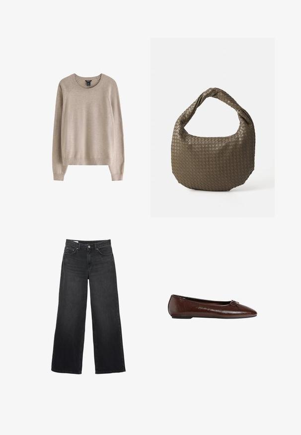 Manteau en mélange de laine marron avec un design croisé, des revers en pointe, deux poches avant et des accents de boutons. Manches longues et coupe mi-longue.; Pull beige avec un col rond côtelé, des manches longues et une coupe décontractée, fabriqué en tissu doux.; Jeans larges noirs en denim. Dotés d'un design classique à cinq poches, d'une silhouette droite et d'une fermeture à bouton à l'avant.; Ballerine en cuir marron avec une texture lisse, un bout pointu et un accent en nœud sur le devant, dotée d'une semelle en caoutchouc noir basse.; Sac à main en olive tissé de forme arrondie avec une poignée torsadée. La surface texturée présente un motif diagonal. Fermeture zippée.