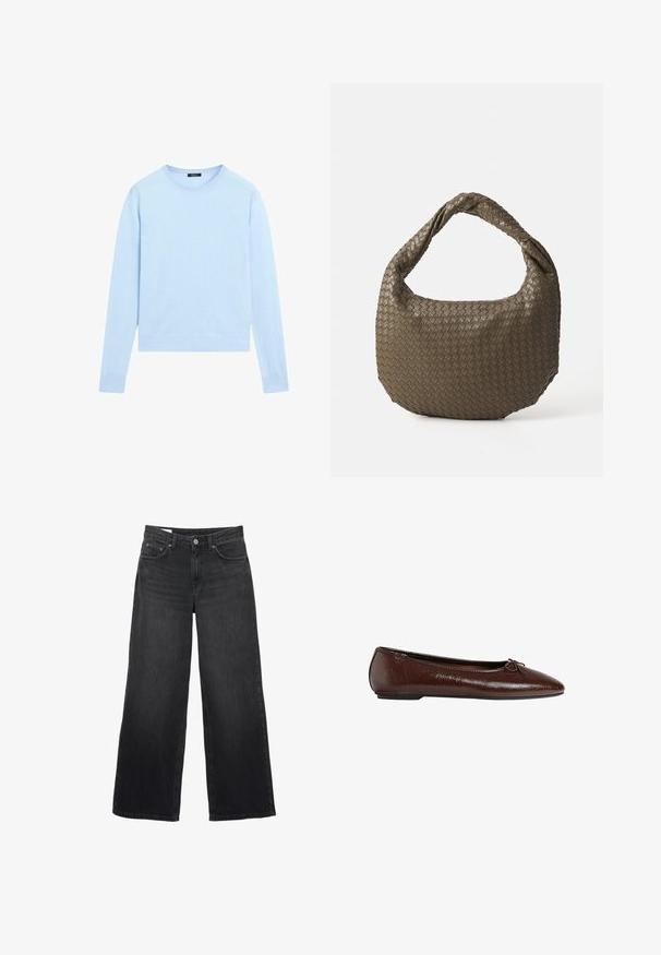 Brauner Wollmischungs-Mantel mit doppelreihigem Design, Reverskragen, zwei Fronttaschen und Knopfdetails. Lange Ärmel und mittellange Schnitt.; Hellblauer, langärmeliger Pullover aus weichem Strickstoff; Rundhalsausschnitt; gerippte Bündchen und Saum; schlichte Verarbeitung ohne Muster oder Verzierungen.; Schwarze weit geschnittene Jeans aus Denim. Sie verfügen über ein klassisches Fünf-Taschen-Design, eine gerade Silhouette und einen Knopfverschluss vorne.; Braune Leder-Ballettschuhe mit glatter Textur, spitzer Zehenpartie und einer Schleifenakzentierung auf der Vorderseite, ausgestattet mit einer niedrigen schwarzen Gummisohle.; Geflochtene olivgrüne Handtasche mit runder Form und gedrehter Tragegriff. Strukturiert Oberfläche mit diagonaler Musterung. Reißverschlussverschluss.