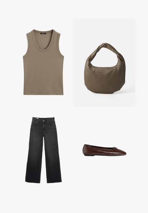 Brauner Wollmischungs-Mantel mit doppelreihigem Design, Reverskragen, zwei Fronttaschen und Knopfdetails. Lange Ärmel und mittellange Schnitt.; Ärmelloses Oberteil in erdigem Taupe, aus geripptem Material gefertigt. Hat einen runden Halsausschnitt und saubere Kanten mit minimalen Details.; Schwarze weit geschnittene Jeans aus Denim. Sie verfügen über ein klassisches Fünf-Taschen-Design, eine gerade Silhouette und einen Knopfverschluss vorne.; Braune Leder-Ballettschuhe mit glatter Textur, spitzer Zehenpartie und einer Schleifenakzentierung auf der Vorderseite, ausgestattet mit einer niedrigen schwarzen Gummisohle.; Geflochtene olivgrüne Handtasche mit runder Form und gedrehter Tragegriff. Strukturiert Oberfläche mit diagonaler Musterung. Reißverschlussverschluss.