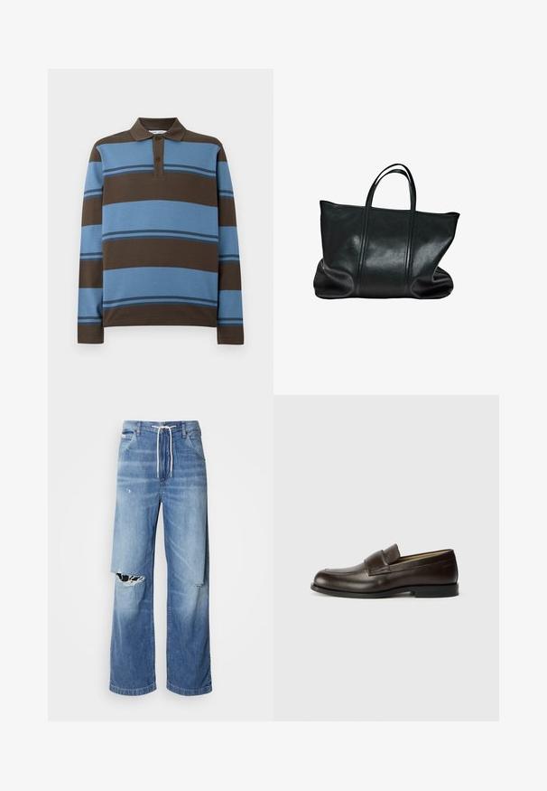 Granatowa kurtka z brązowym kołnierzem z kordurowego materiału, elastycznymi mankietami, kieszenią na zamek z przodu i naszywką z logo na lewej piersi.; Koszulka polo z długimi rękawami, brązowe i jasnoniebieskie poziome paski, z zapięciem na trzy guziki i ściągaczem przy kołnierzu.; Jasnoniebieskie dżinsy o luźnym kroju, z białym sznurkiem w pasie oraz wyraźnymi przetarciami z przodu, odsłaniającymi postrzępione krawędzie.; Calvin Klein - Półbuty wsuwane; Czarna skórzana torba na ramię o gładkiej fakturze, z dwiema solidnymi rączkami i szerokim dnem. Posiada minimalne przeszycia i otwarty design.