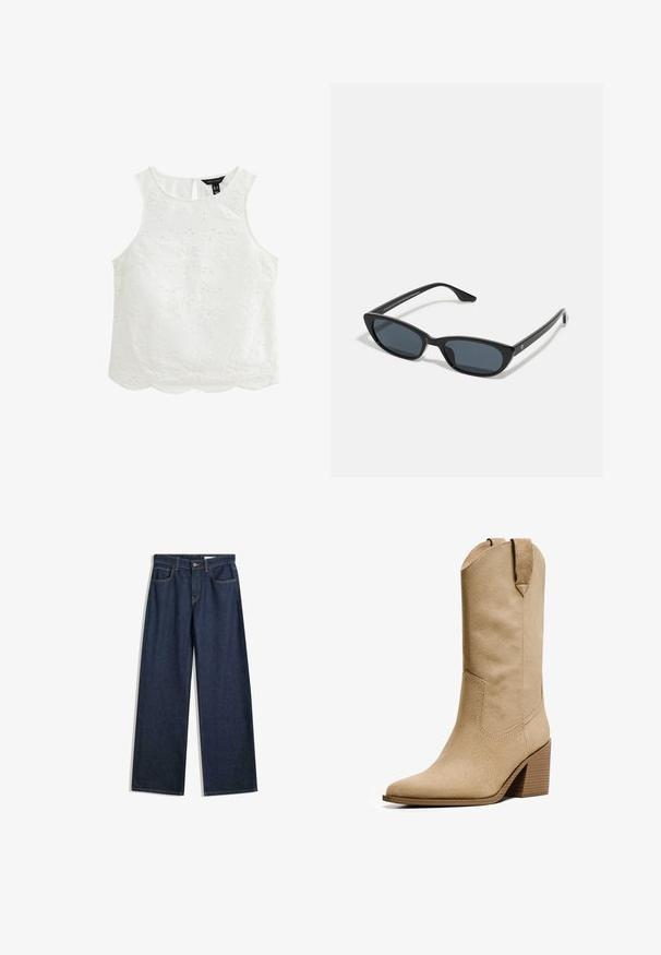 Cappotto tranciato beige con chiusura a doppio petto, spalline sulle spalle e bottoni neri. Tessuto morbido e design sartoriale.; Cardigan corto grigio chiaro realizzato in materiale morbido, dotato di scollatura rotonda, maniche lunghe e chiusura con bottoni lucidi.; Top bianco senza maniche con ricami floreali, orlo scallop e schiena a chiave. Realizzato in tessuto leggero con motivi testurizzati.; Jeans a gamba larga in denim scuro con cinque tasche, cuciture visibili e chiusura con bottone. Presentano una vestibilità dritta e leggere abrasioni.; Bershka HIGH-HEEL - Stivali texani / biker - beige; Occhiali da sole cat-eye neri con lenti scure, montatura in plastica, stanghette sottili e una leggera marca sulla parte interna del braccio. Finitura opaca.