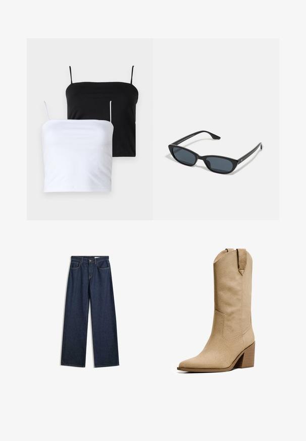 Beige cropped trench coat with double-breasted button closure, shoulder epaulettes, and black buttons. Soft fabric and tailored design.; Light gray cropped cardigan made of soft material, featuring a round neck, long sleeves, and a button closure with shiny buttons.; Two fitted camisole tops in black and white. Made of soft fabric with thin, adjustable straps. Smooth texture, simple design, no notable patterns.; Wide-leg dark denim jeans with five pockets, visible stitching, and a button closure. Features a straight fit and light distressing.; Bershka HIGH-HEEL - Cowboy/Biker boots - beige; Black cat-eye sunglasses with dark lenses, plastic frame, slim temples, and subtle branding on the inner arm. Matte finish texture.; Brown suede shoulder bag with a curved handle, soft texture, and a top zipper closure. No visible hardware or patterns.