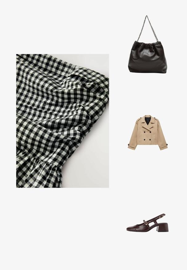 Beige kort trenchcoat med dobbeltknaplukning, skulderklapper og sorte knapper. Blødt stof og skræddersyet design.; Sort og hvidt ternet stof med elastisk talje, der har plisserede detaljer og en blød, tekstureret overflade.; Brune læder slingback hæle med firkantet tå, udskårne sider og en blokhæl. Har en spænde på ankelremmen.; Brun lædertaske med en rynket top og en kædestrop. Glat tekstur med en blank finish og subtile sømdetaljer på siderne.