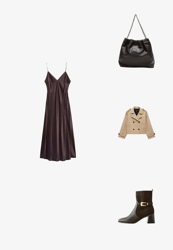 Beige kort trenchcoat med dubbelknappning, axelklaffar och svarta knappar. Mjuk tygkvalitet och skräddarsydd design.; Chokladbrun slejfklänning i satin med V-ringning, tunna axelremmar och en svävande nederkant som når mitt på vaden. Slät textur och minimalistisk design.; Brun läder- och mockaankelstövlett med spetsig tå, bred klack och en dekorativ guldspänneaccent på ankelsnöret.; Brun läderväska med rynkad topp och kedjesnodd. Slät textur med en blankslipad yta och subtila sömdetaljer på sidorna.