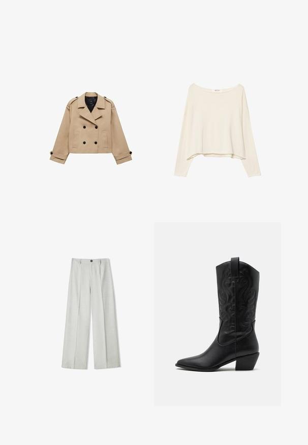 Beige kort trenchcoat med dubbelknappning, axelklaffar och svarta knappar. Mjuk tygkvalitet och skräddarsydd design.; Ljusbeige kort sweatshirt med bred nacke, långa ärmar och ett mjukt, texturerat tyg. Har en avslappnad, boxig passform.; Ljust grå vida byxor i ett strukturerat tyg, med fickknäppning och två veck fram för extra detalj.; Svart läder cowboyboot med spetsig tå, präglade svängande mönster och medelhögt klack. Har en dragflik för enkel påtagning.