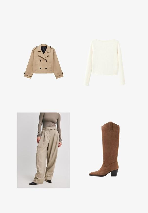 Manteau trench court beige avec fermeture à double boutonnage, épaulettes et boutons noirs. Tissu doux et design ajusté.; Pull en maille côtelée blanc à manches longues, avec une encolure bateau légèrement dégagée et un ourlet droit.; NA-KD Pantalon classique - beige; Bottes en daim marron jusqu'au genou avec un bout pointu, un talon incliné et des coutures décoratives sur la tige. Texture lisse et design effilé.