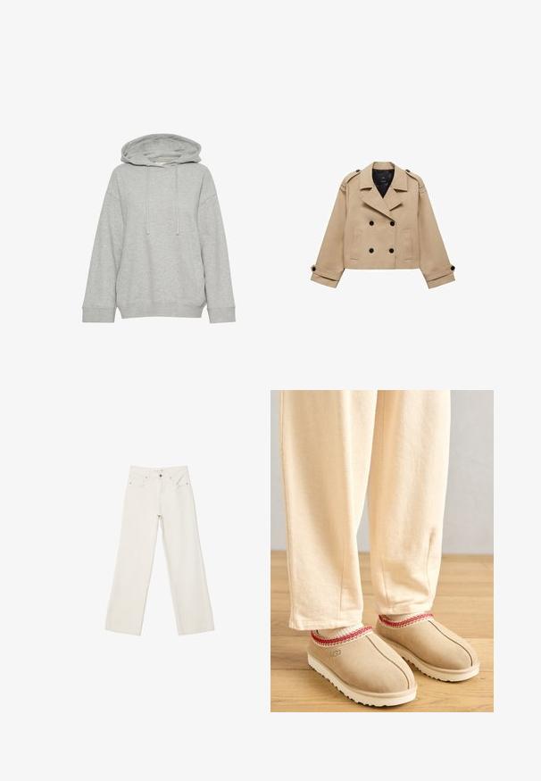 Krémový zkrácený trenčkot s dvouřadým zapínáním na knoflíky, ramenními epauletami a černými knoflíky. Měkká látka a přizpůsobený design.; Šedá mikina s kapucí a volným střihem, má dlouhé rukávy, šňůrku a žebrované manžety. Vyrobena z měkké, texturované látky.; Bílé široké džíny vyrobené z denimové látky, s vysokým pasem, předními kapsami a knoflíkovým zapínáním. Čistý design s minimálními akcenty.; Hnědé semišové dřeváky s červeným dekorativním lemováním a bílou gumovou podrážkou, spárované s světlými béžovými kalhotami, umístěné na dřevěné podlaze.