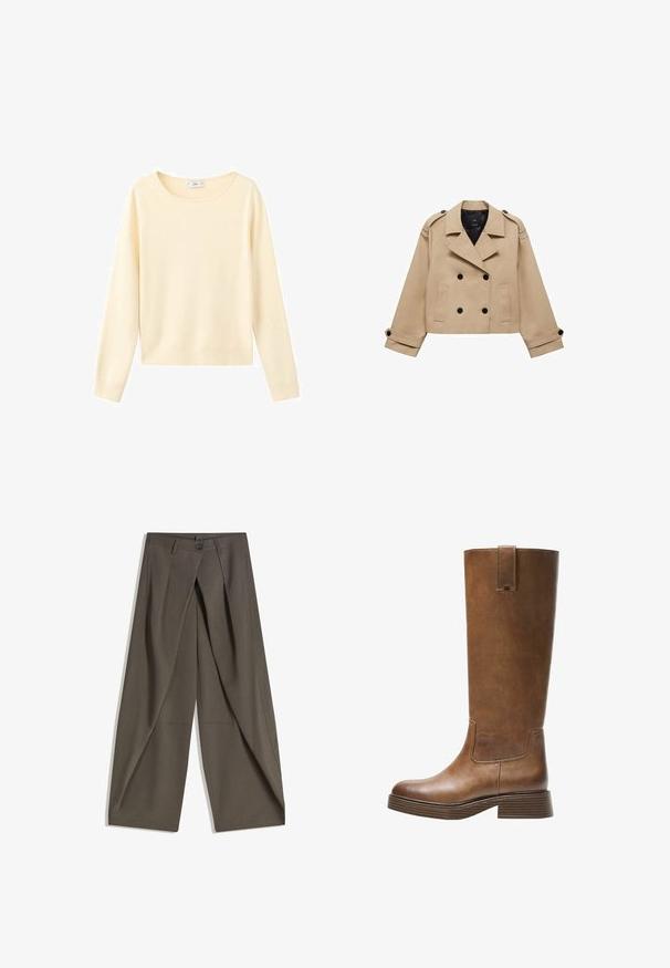 Beżowy krótki płaszcz trencz z podwójnym zapięciem na guziki, epauletami na ramionach i czarnymi guzikami. Miękka tkanina i dopasowany krój.; Kremowy sweter z długim rękawem, okrągłym dekoltem oraz ściągaczami na dole i na mankietach, prezentowany na białym tle.; Spodnie o szerokich nogawkach wykonane z teksturowanej, ciemnoszarej tkaniny. Posiadają fałdy z przodu, zapięcie na guzik oraz boczne kieszenie dla wygody.; Brązowe skórzane wysokie buty do kolan z okrągłym noskiem, teksturowaną powierzchnią i niskim piętrem o warstwowej budowie. Posiadają boczną wstawkę oraz pętelkę na górze.