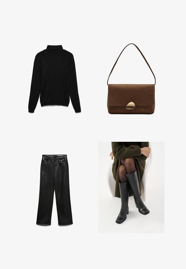 Bežna skrajšana trench jakna z dvostranskim gumbom, epauleti na ramenih in črnimi gumbi. Mehka tkanina in kroj, prilagojen postavi.; Črni pulover s polrolim iz pletenega blaga. Ima dolge rokave, rebrast ovratnik in sproščen kroj. Brez vidnih vzorcev ali poudarkov.; Široke hlače iz umetnega usnja v črni barvi z sprednjimi žepi, zankami za pas in subtilnim sijajem. Gladek tekstura in krojena prileganje.; Črne usnjene čevlje do kolen s kvadratnim prstom in blok peto, prikazani na modelu, ki sedi v olivno zeleni plašču. Gladka tekstura, minimalne podrobnosti.; Rjava semiš torba za ramo z ukrivljenim zlatim zapiranjem in enim trakom, pravokotne oblike z poklopcem.