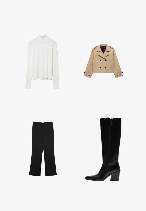 Beige kort trenchcoat med dubbelknappning, axelklaffar och svarta knappar. Mjuk tygkvalitet och skräddarsydd design.; Vit polotröja med långa ärmar, ribbad textur, figursydd design och rak nederkant, tillverkad av mjukt stickat material.; Svarta byxor med rak passform, utrustade med framfickor och sidoklyvningar vid fållen. Tillverkade av mjukt, slätt tyg. Lämpliga för olika tillfällen.; Svarta knästövlar i släthet läder, med spetsig tå, blockklack och ett V-format urtag högst upp.