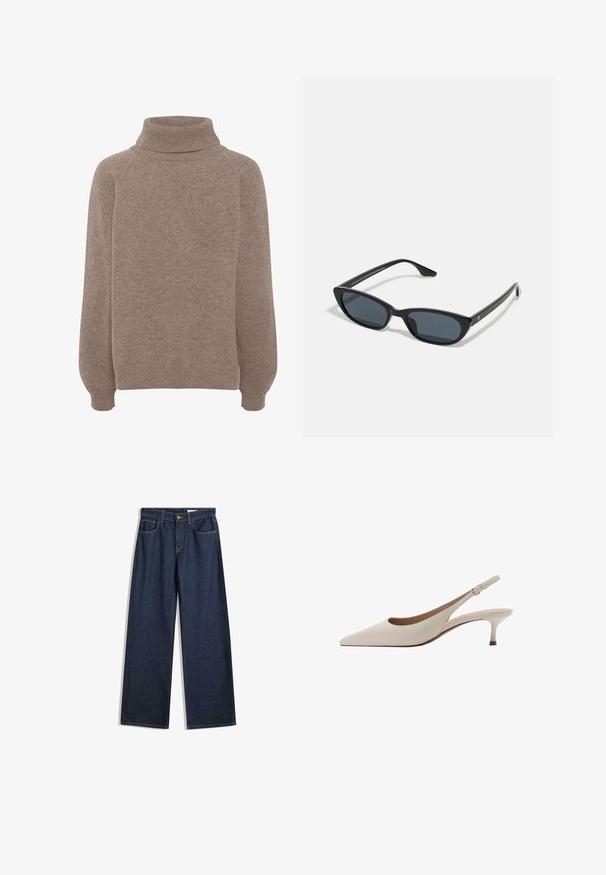 Cappotto tranciato beige con chiusura a doppio petto, spalline sulle spalle e bottoni neri. Tessuto morbido e design sartoriale.; Maglione marrone lavorato a maglia con un alto collo a polo, maniche raglan e polsini a coste. Texture morbida con una vestibilità morbida. Nessun motivo o dettaglio visibile.; Jeans a gamba larga in denim scuro con cinque tasche, cuciture visibili e chiusura con bottone. Presentano una vestibilità dritta e leggere abrasioni.; Tacchi slingback beige con punta affusolata e tacco basso a campana. Realizzati in pelle liscia con un design minimalista e cinturino regolabile.; Occhiali da sole cat-eye neri con lenti scure, montatura in plastica, stanghette sottili e una leggera marca sulla parte interna del braccio. Finitura opaca.; Borsa a spalla in suede marrone con manico curvo, texture morbida e chiusura con zip superiore. Nessuna cerniera o motivo visibile.