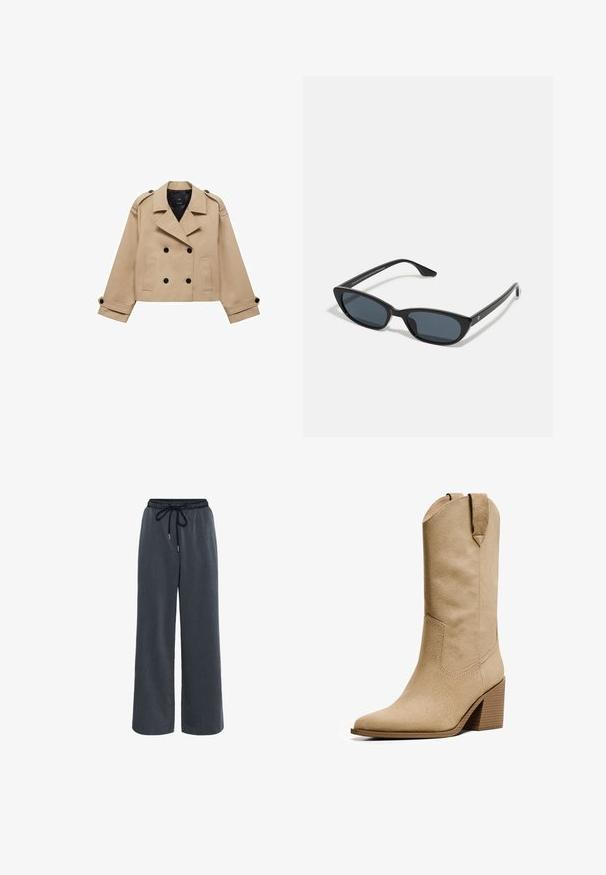 Beige cropped trench coat with double-breasted button closure, shoulder epaulettes, and black buttons. Soft fabric and tailored design.; PULL&BEAR Top - white; Kaffe NEVIL - Trousers - dark grey melange; Bershka HIGH-HEEL - Cowboy/Biker boots - beige; Black cat-eye sunglasses with dark lenses, plastic frame, slim temples, and subtle branding on the inner arm. Matte finish texture.